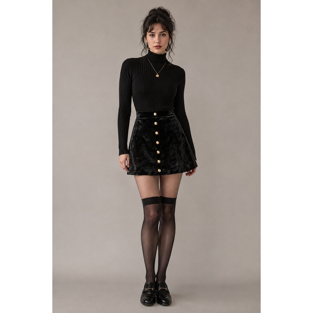 Black Crushed Velour Button Front Mini Skirt Dark Academia Goth Grunge Size M